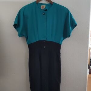 Katie Mtg Vintage Union Made 80'sTeal Black Midi Dress Professional Costume